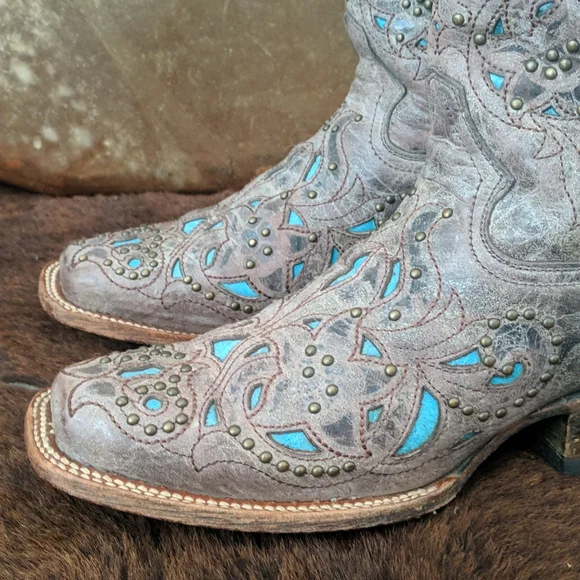 CORRAL A1149 brown studded leather cowgirl western boots turquoise inlay sz 7 - Picture 12 of 16